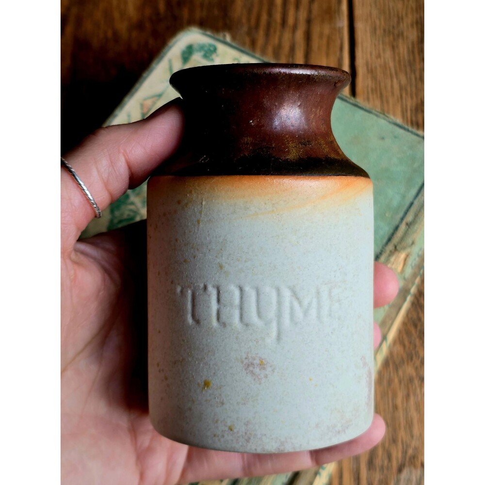 Vintage 1970s Stoneware Spice Jar – Thyme uncorked – Rustic Kitchen Decor